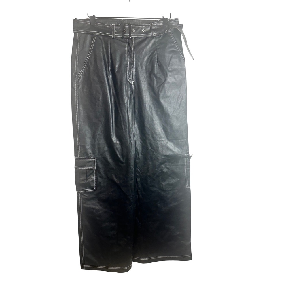 PrettyLittleThing Black Faux Leather Contrast Stitch Wide Leg Cargo Pants US 10
